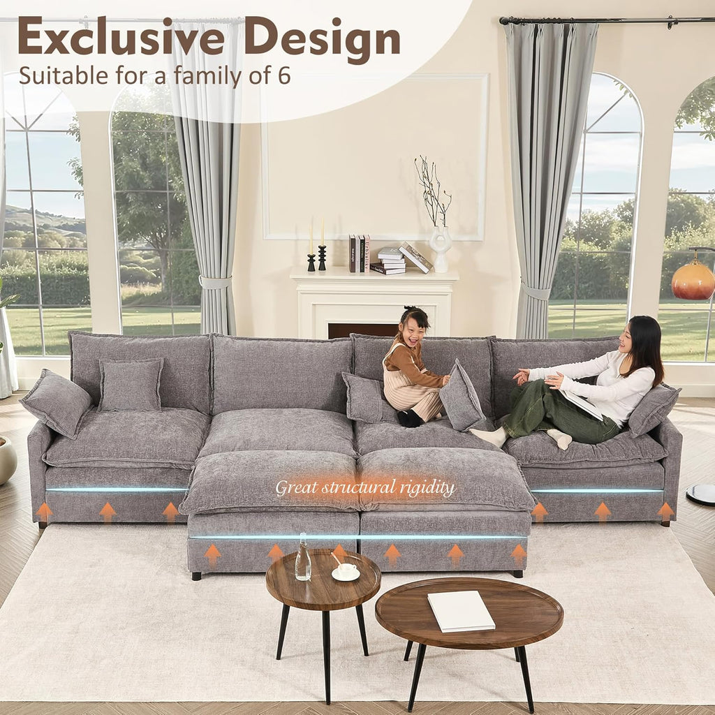 108" U Shaped Couch, Modular Sectional Sofa, 3-Seater Comfy Cloud Couch with Movable Ottoman, Deep Seat Couches for Living Room, Linen, Beige