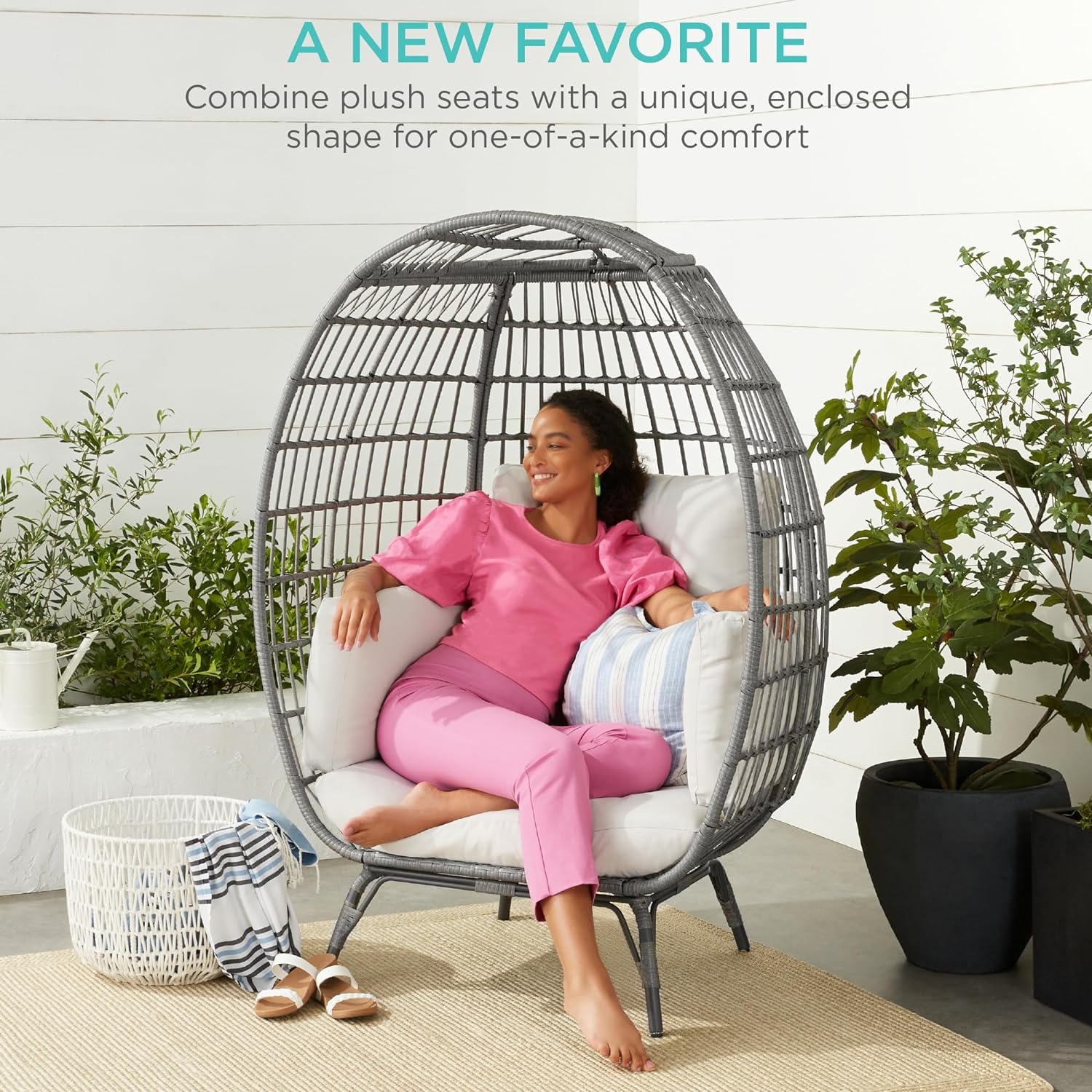 Best Choice Products Wicker Egg Chair Oversized Indoor Outdoor Lounger for Patio Backyard Living Room w/ 4 Cushions Steel Frame 440lb Capacity - Ivory