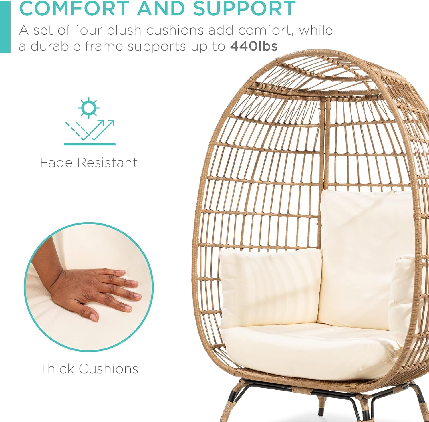 Best Choice Products Wicker Egg Chair Oversized Indoor Outdoor Lounger for Patio Backyard Living Room w/ 4 Cushions Steel Frame 440lb Capacity - Ivory