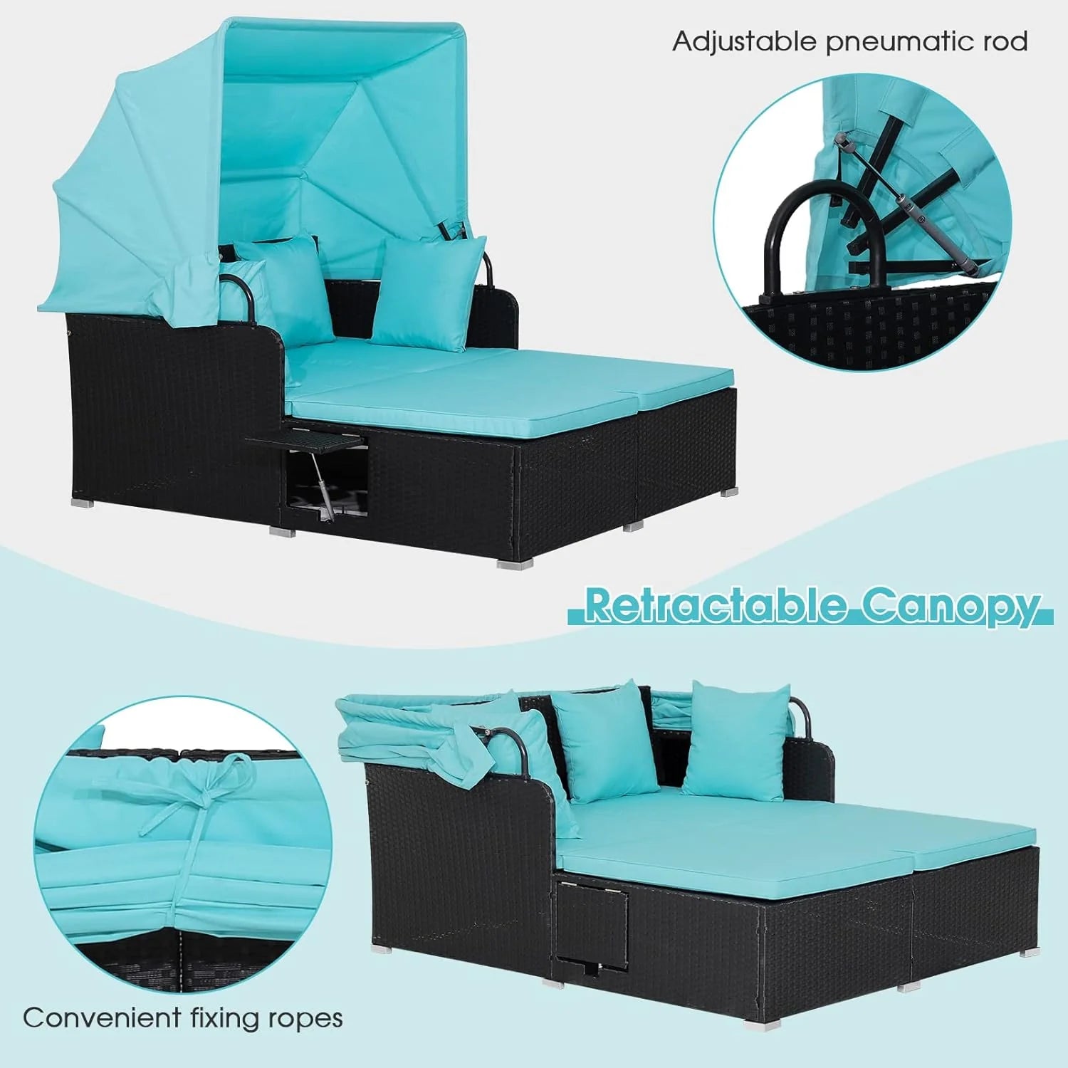 RELAX4LIFE Patio Outdoor Daybed Canopy Wicker Sunbed Cushions Lounge Bed Conversation