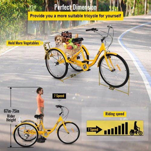 2025 Adult Tricycle 26 7 Speed 3 Wheel Trike Bicycle Bike Cruise w Basket Shooping