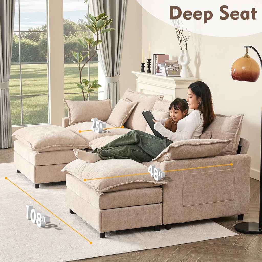108" U Shaped Couch, Modular Sectional Sofa, 3-Seater Comfy Cloud Couch with Movable Ottoman, Deep Seat Couches for Living Room, Linen, Beige