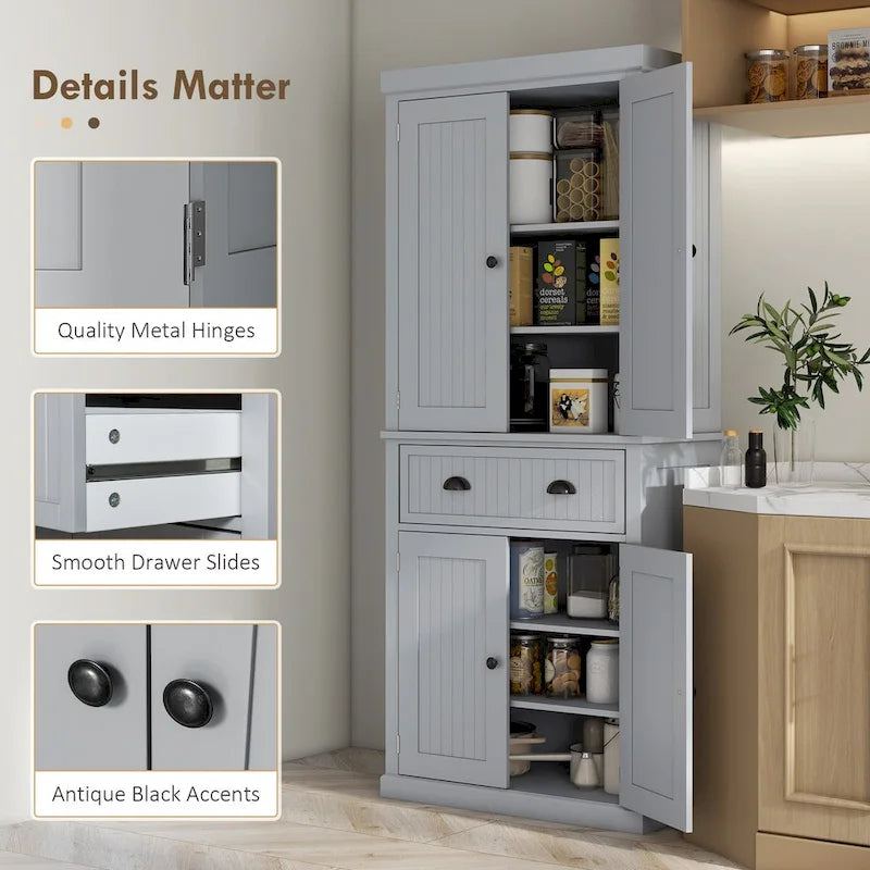 72  Kitchen Pantry Storage Cabinet, Traditional Freestanding Cabinet with 4 Doors and 3 Adjustable Shelves, Large Central Drawer